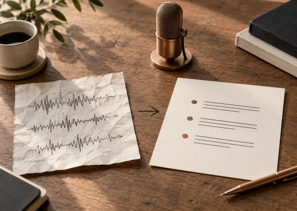 Des notes brutes à côté d'une fiche structurée, avec un petit microphone sur un établi.