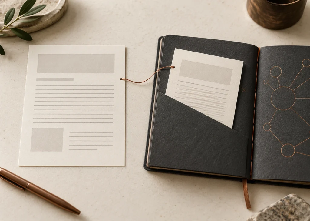 Deux feuilles de mise en page reliées par un fil cuivre, dont une glissée dans un carnet.